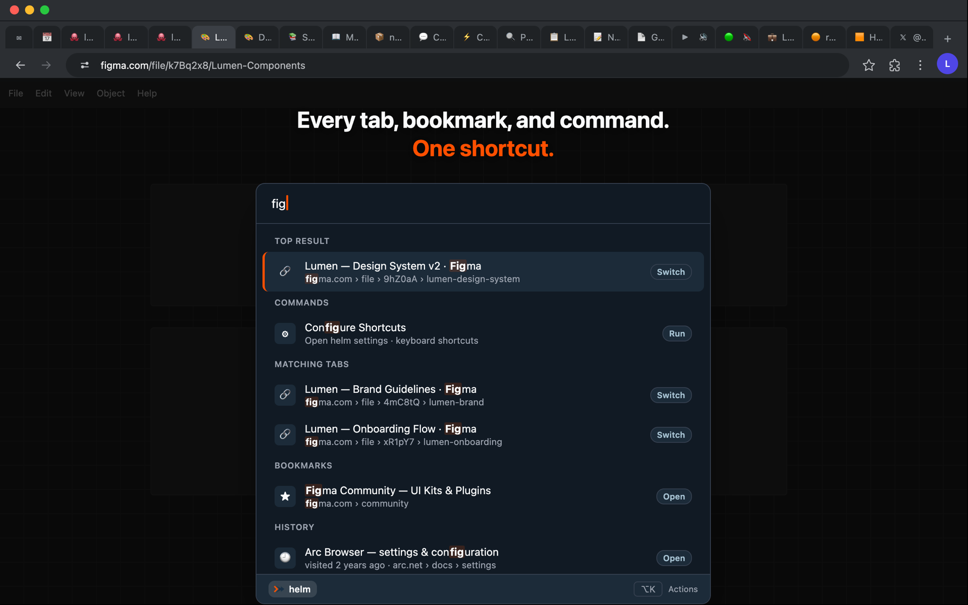 The helm command palette open over a browser tab, fuzzy-searching for 'fig' across tabs, bookmarks, history, and commands.
