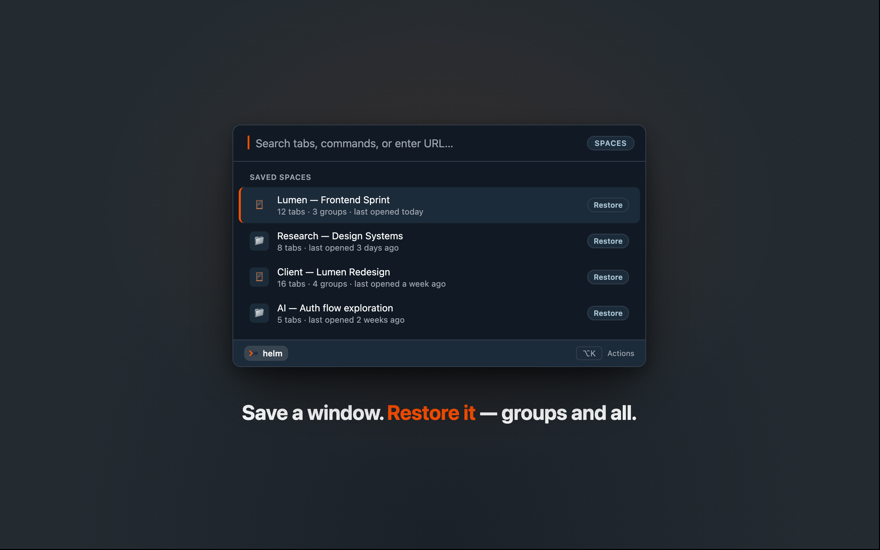 Spaces palette mode showing four saved spaces with tab and group counts.