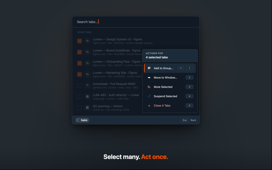 Four tabs selected in the palette with a floating action panel showing bulk actions: add to group, move to window, mute, suspend, close.